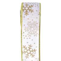 Коледна панделка зебло, снежинки, бяло и златно, 6,3см Х 10У