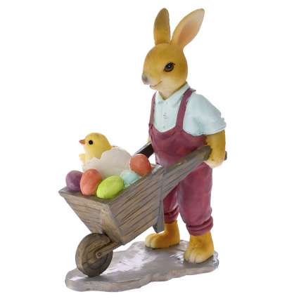 Поли заек с бордо гащеризон и градинска количка с шарени яйца, 9,5х5,5х14 см