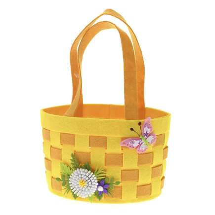 Жълта кошница с цвете от филц, 15х15х13+15 см