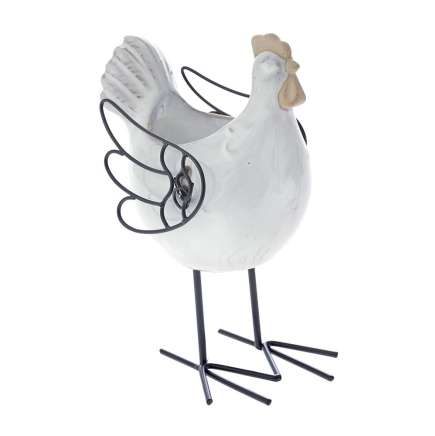 Керамична бяла кашпа кокошка с метални крака, 9,8х7,9х15,2 см