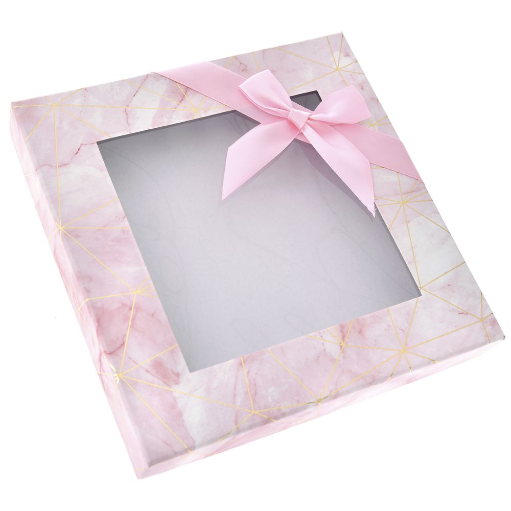 Картонена кутия с прозрачен капак, розова панделка, 23х23х4 см