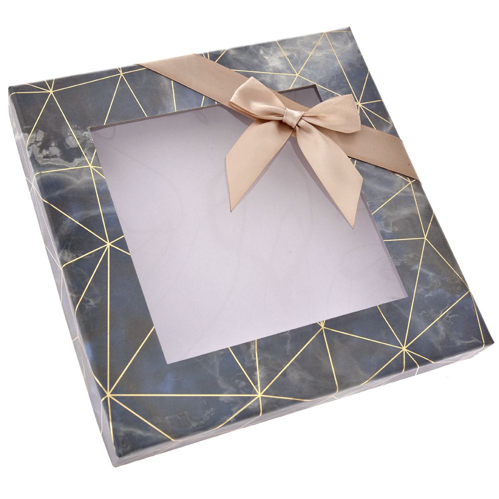 Картонена кутия с прозрачен капак, крем панделка, 23х23х4 см