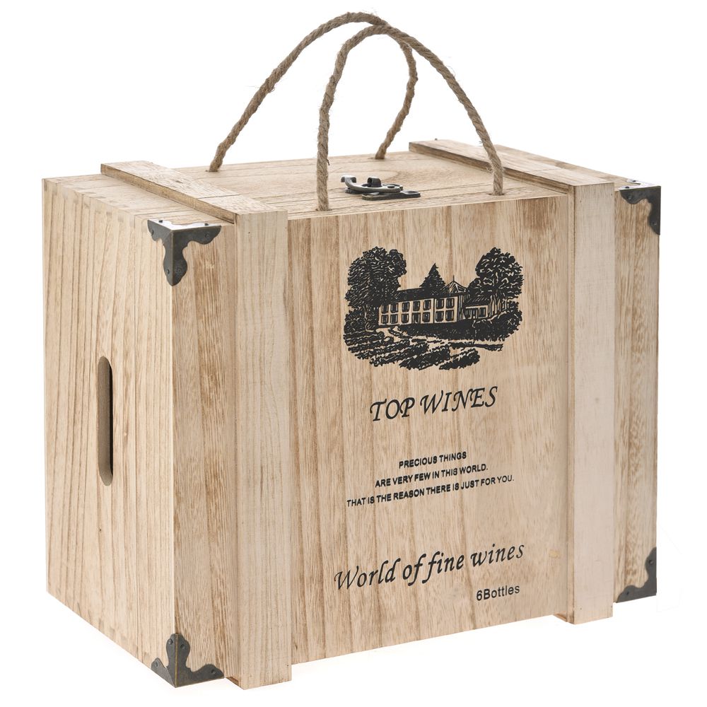 Дървена кутия за вино с метални орнаменти за 6 бутилки, 35х17х18 см