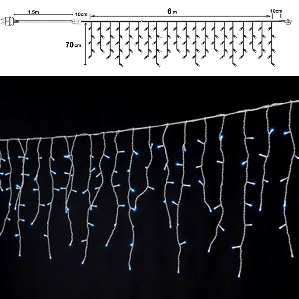 Висулка от 300 LED студено-бели лампички с прозрачен кабел. 6 метра с 8 програми. Външна употреба