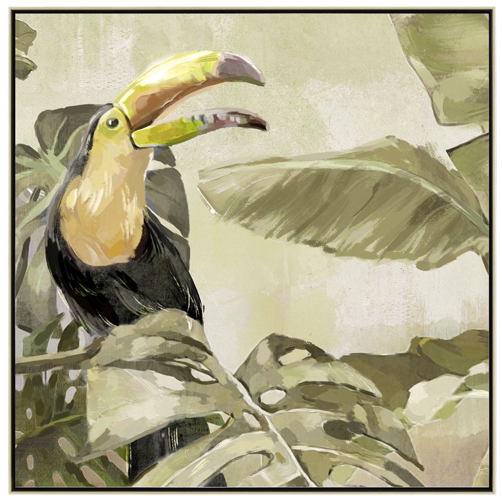 Картина с маслени бои върху канаваца с рамка, тукан в джунглата. Размер: 62х62 см