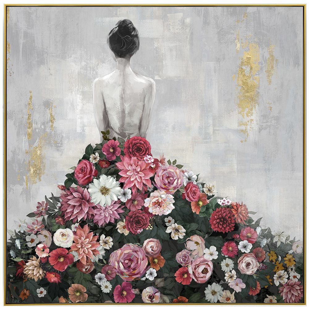Картина с маслени бои върху канаваца с рамка, жена с рокля от цветя. Размер:102х102 см