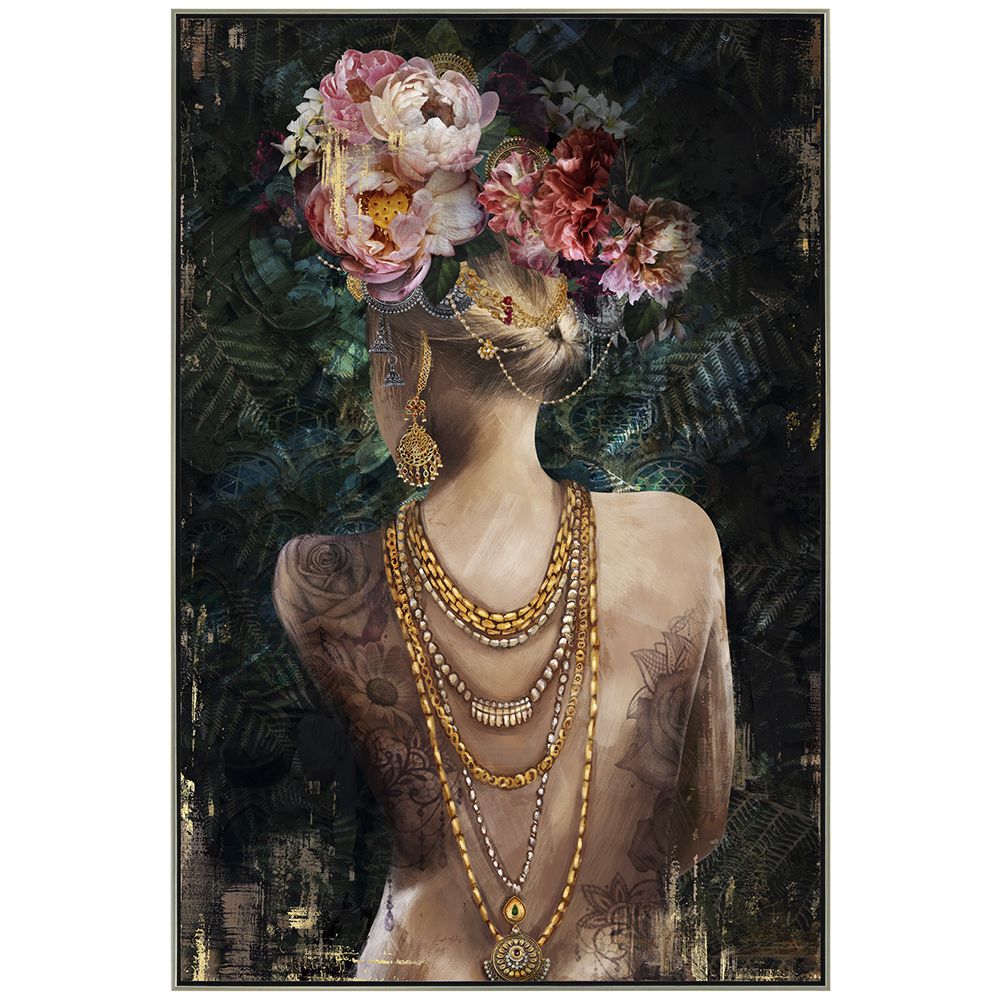 Картина с маслени бои върху канаваца с рамка, жена с цветна корона. Размер: 102х152 см
