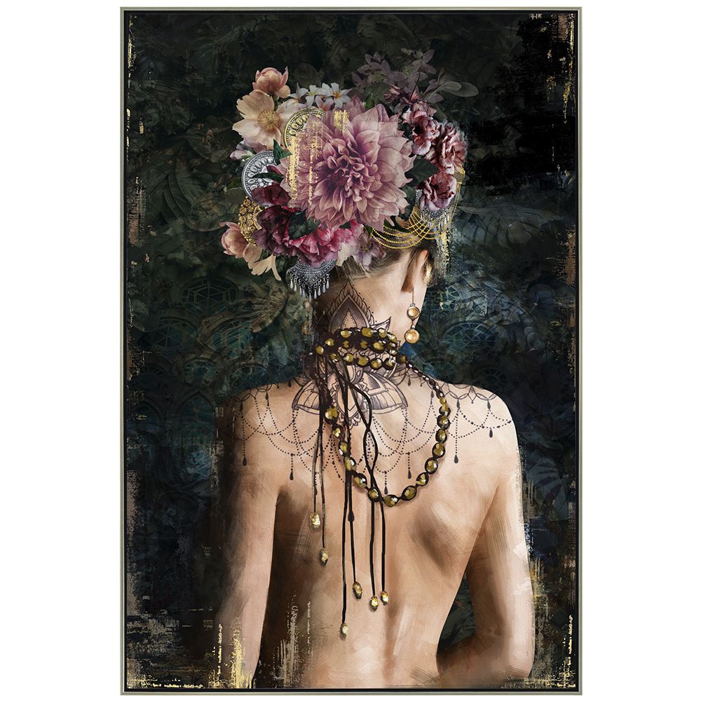 Картина с маслени бои върху канаваца с рамка, жена с цветя в косите. Размер: 102х152 см