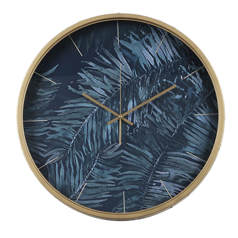 Стенен метален часовник със стъклен протектор-папратови листа в синьо. Размер: 50х50х6 см