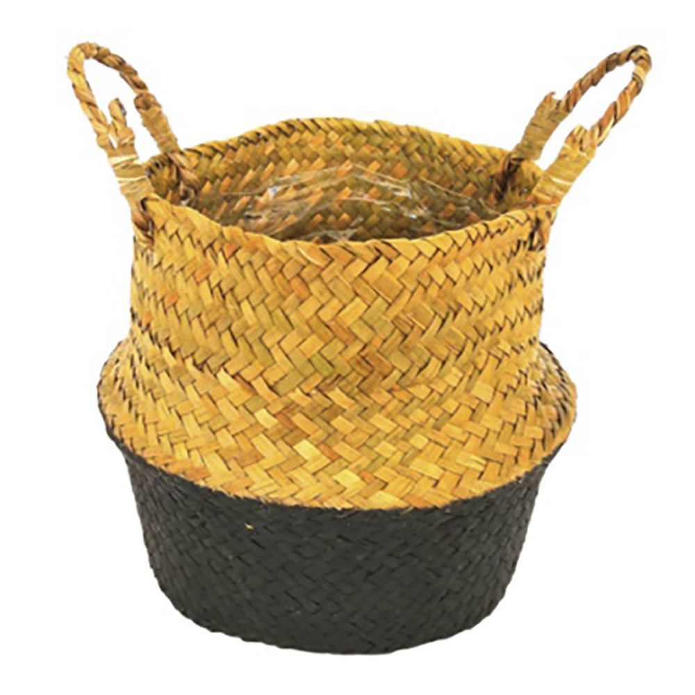 Плетена кашпа от морска трева с дръжки, натурал с черно дъно, Ф17х20 см