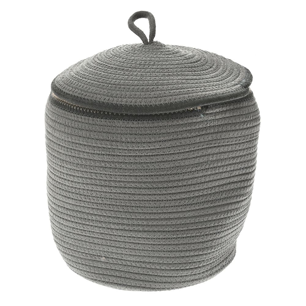 Плетен кош с капак от памучно сиво въже, Ф 35х29 см