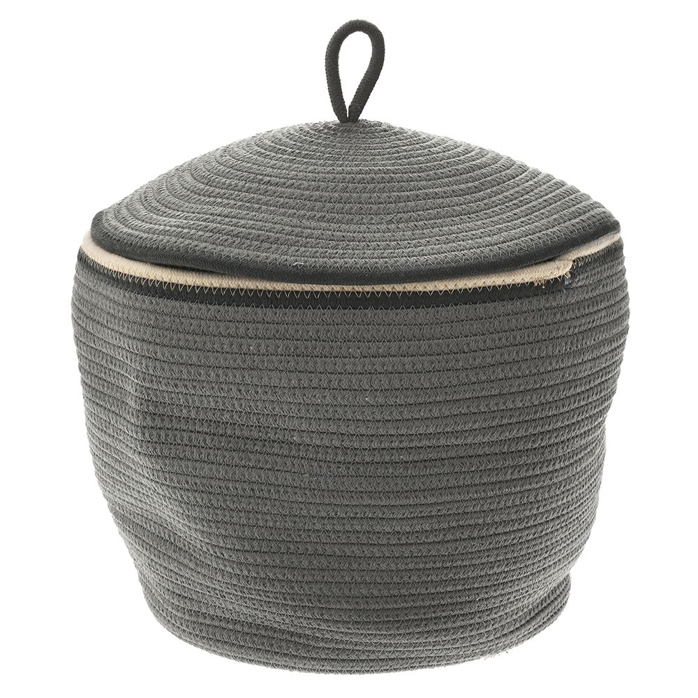 Плетен кош с капак от памучно сиво въже, Ф 27х26 см