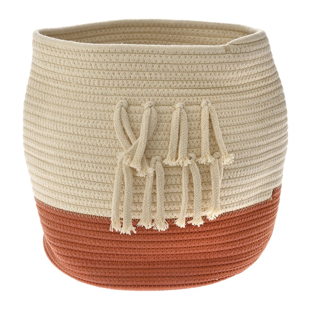 Плетен кош от памучно въже в бяло и червено, Ф 24х29 см