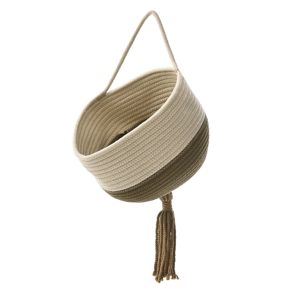 Висяща плетена кошница от памучно въже в крем и кафяво, Ф 25х20 см