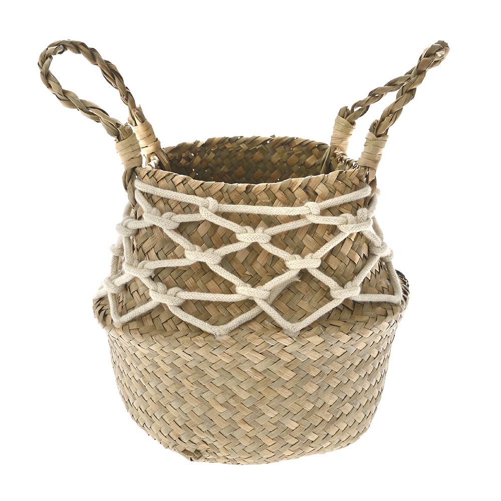 Плетена кашпа с дръжки от натурална ракита с декорация от памучно въже, 17 см 