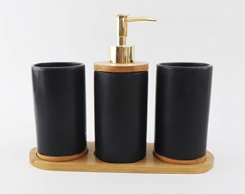 Керамичен черен комплект за баня от 3 части с бамбукова подложка