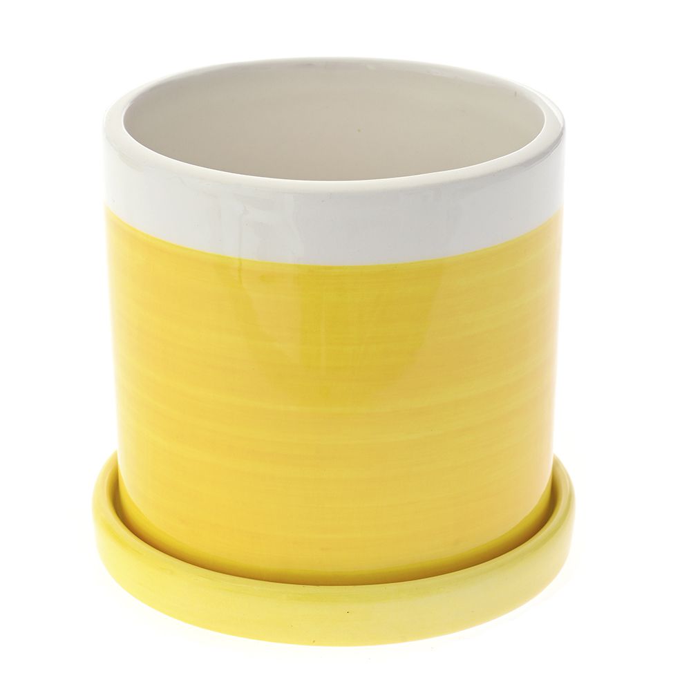 Керамична жълта саксия с чинийка, 12х12х12 см