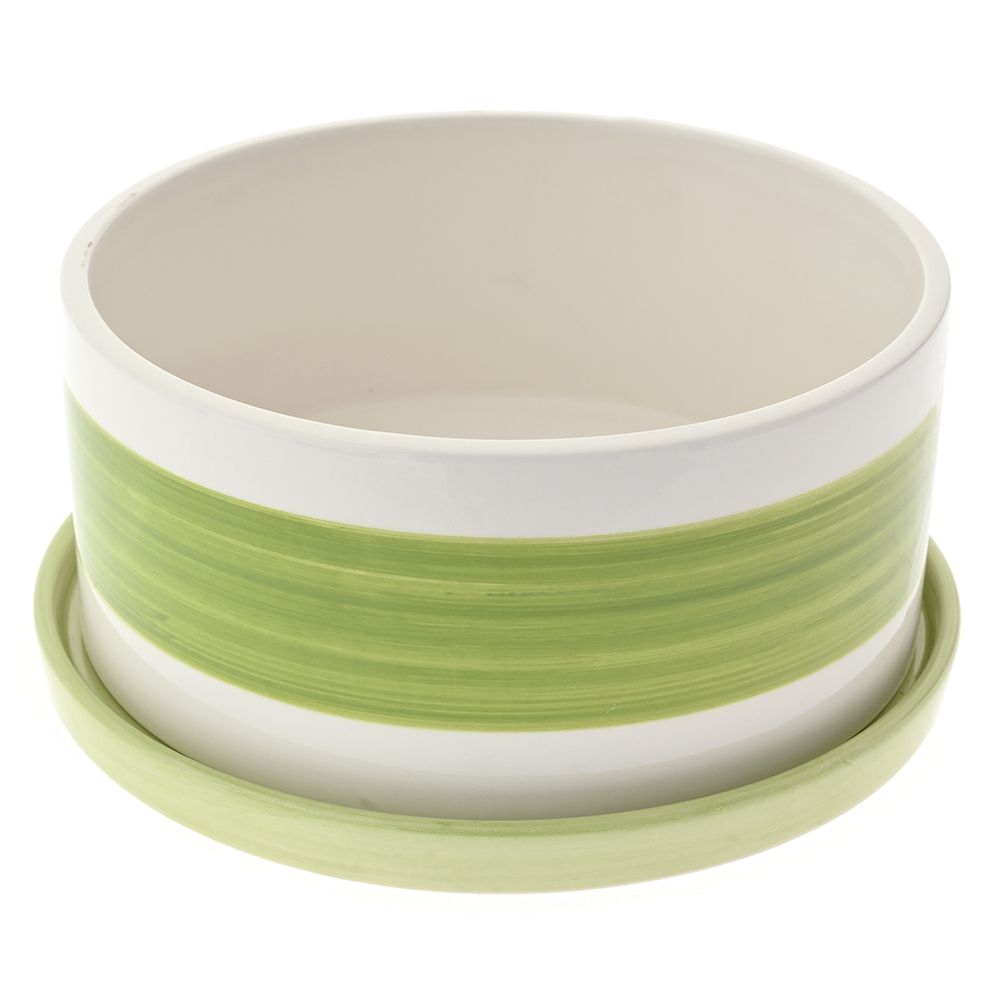 Керамична зелена саксия с чинийка, 18х18х8 см