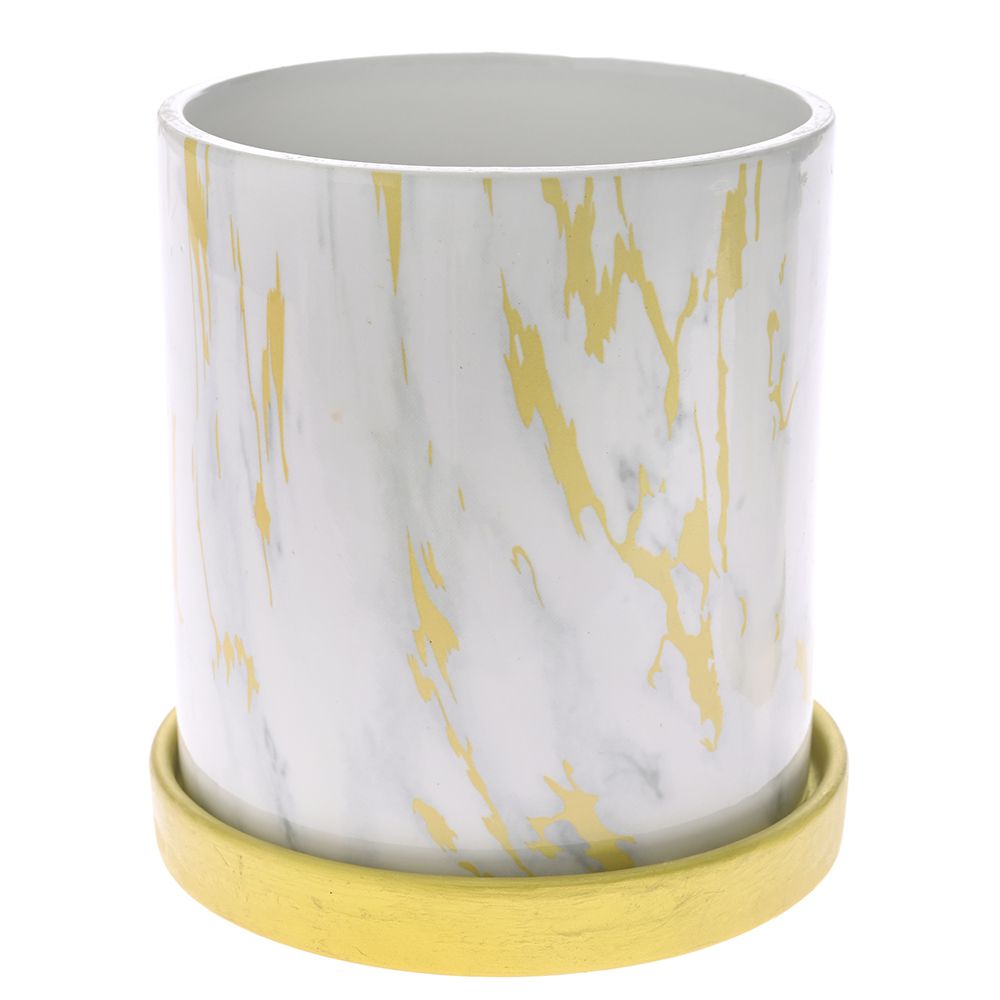 Керамична бяла саксия с мраморен златен ефект и чинийка, 13,8х13,8х14,5 см