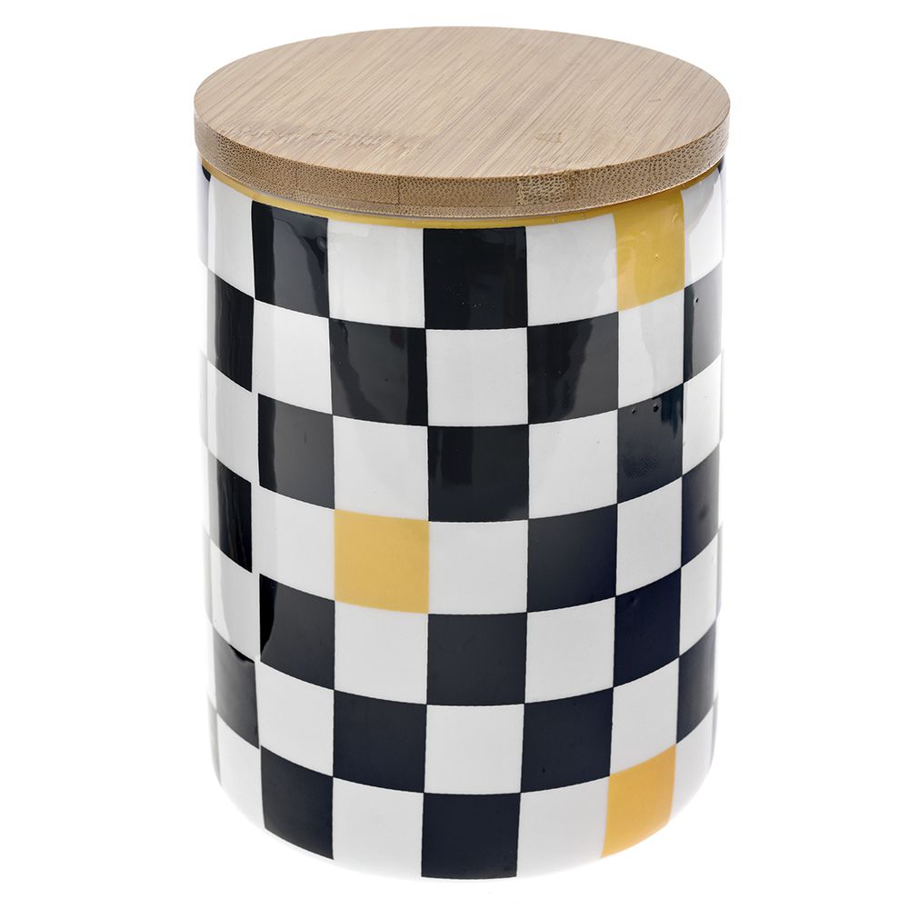 Керамична кутия черно-бяло каре с бамбуков капак, 10х10х14 см