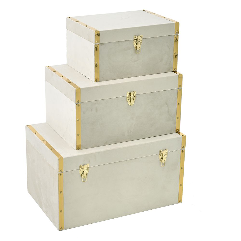 Комплект 3 бр. дървени кутии облечени с бял плат с метален златен кант, 60Χ40Χ32 50Χ35Χ26 40Χ30Χ21 см