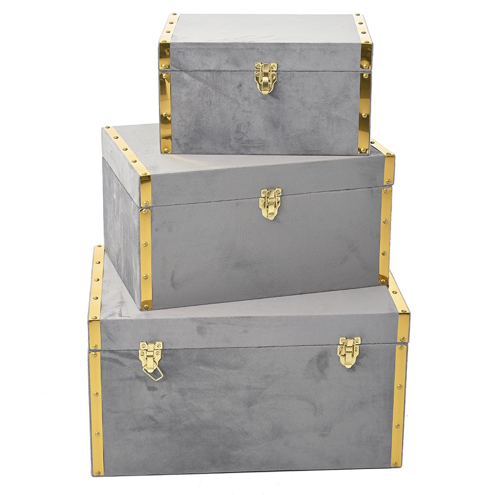Комплект 3 бр. дървени кутии облечени със сив плат с метален златен кант, 60Χ40Χ32 50Χ35Χ26 40Χ30Χ21 см