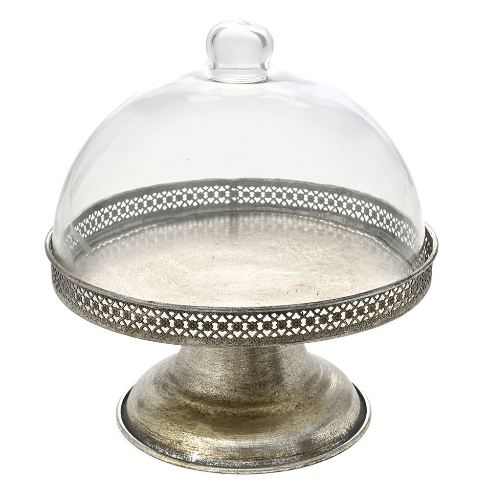 Античен сребърен метален поднос за торта със стъклен капак, 21х21х22,5 см
