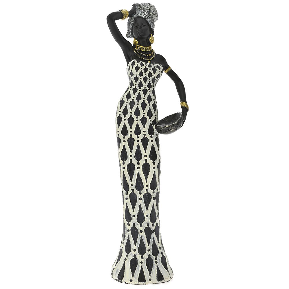 Полирезинова фигура Африканка с черно-бяла рокля, 9х6х34 см