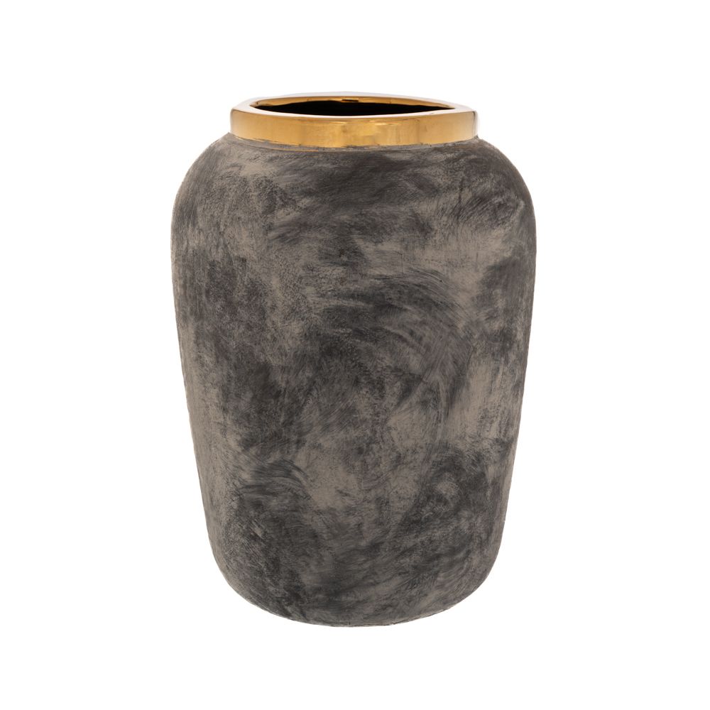 Сива керамична ваза със златен ръб, 25х34см.