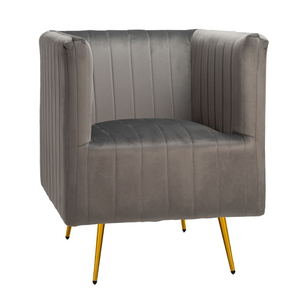 Сиво кадифено кресло с височина на облегалката 69x73x80 см със златни метални крака.