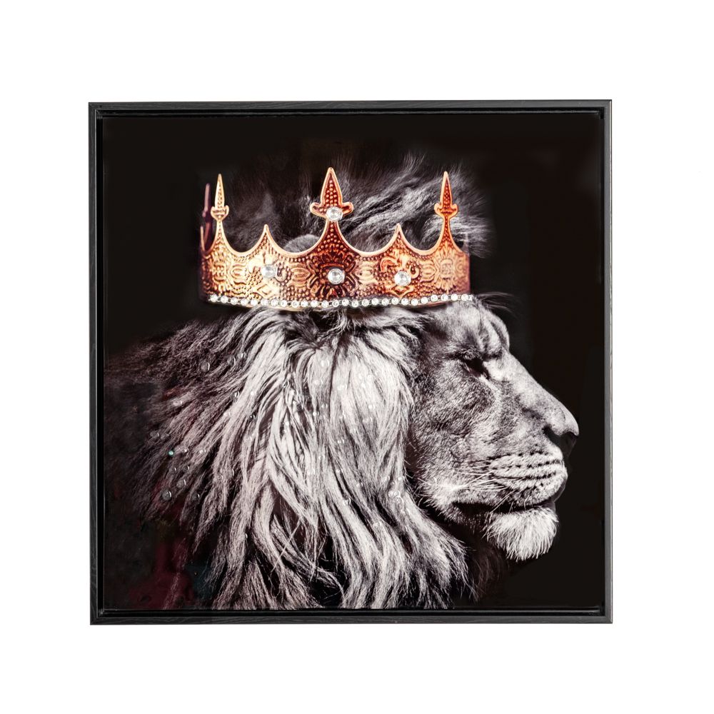 Картина с маслени бои с лъв с корона в черна рамка върху щамповано платно 33х3х93см.