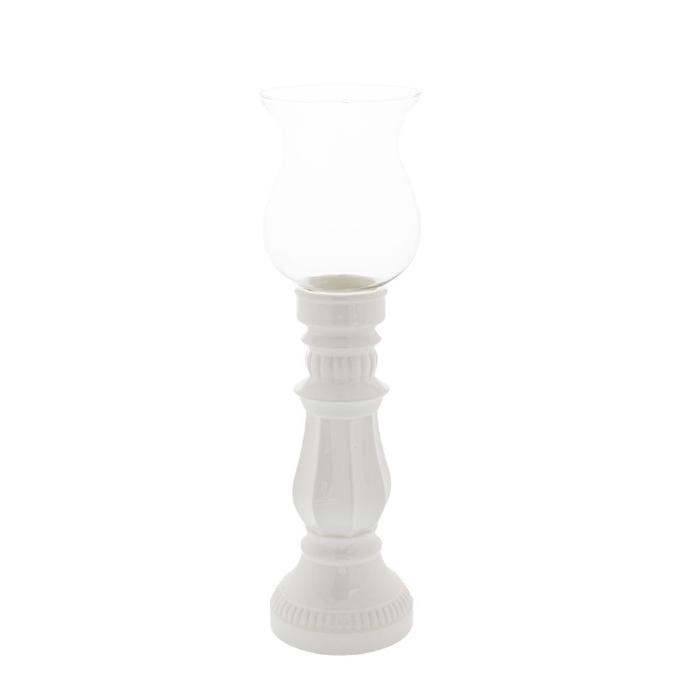 Стъклен свещник с бяла керамична основа 19.5х19.5х70см.