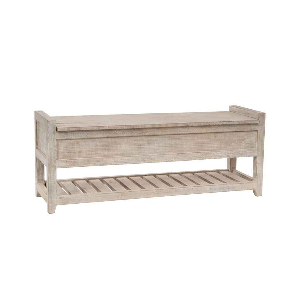 Бяла дървена пейка с ракла, 117x36x46 см.