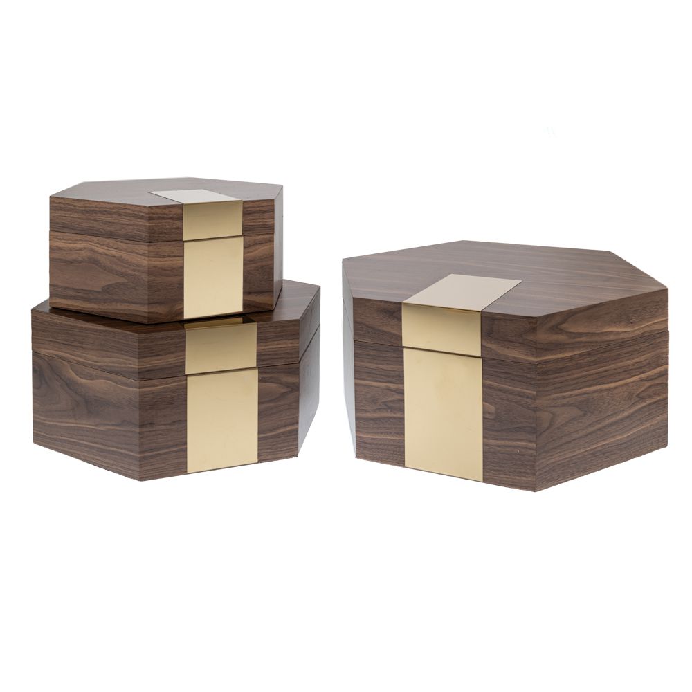 Дървен комплект кутии шестограми от 3 части със златисто райе. Размери 42x36x19/ 36x31x16/ 30x26x13см