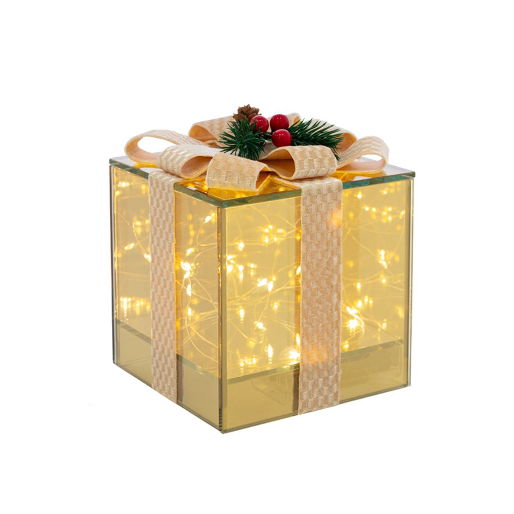 ЗЛАТНА СТЪКЛЕНА ПОДАРЪЧНА КУТИЯ С ЛЕНТА И LED, БАТЕРИЯ, 12X12X12 СМ