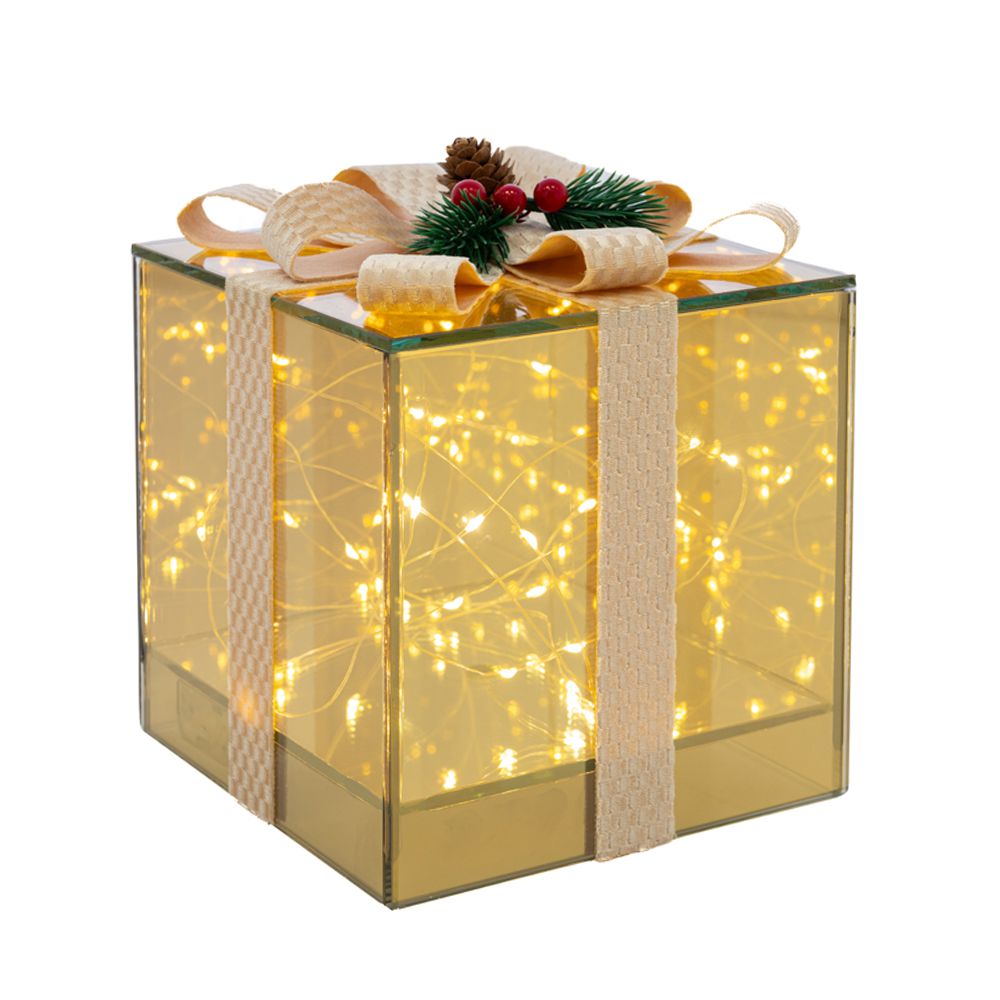 ЗЛАТНА СТЪКЛЕНА ПОДАРЪЧНА КУТИЯ С ЛЕНТА И LED, БАТЕРИЯ, 15X15X15 СМ