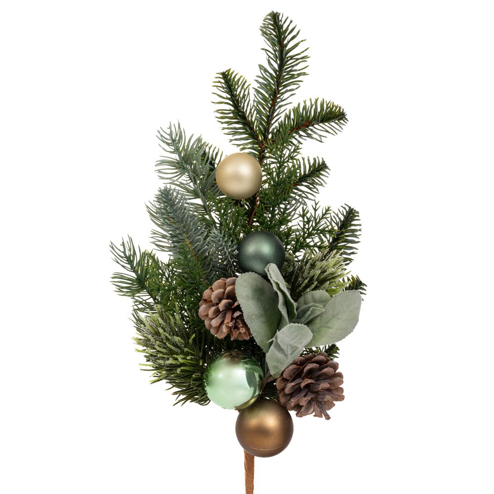  ЗЕЛЕНА КЛОНКА С БОРЕВИ ШИШКИ И УКРАСИТЕЛНИ ТОПЧЕТА, 50 см