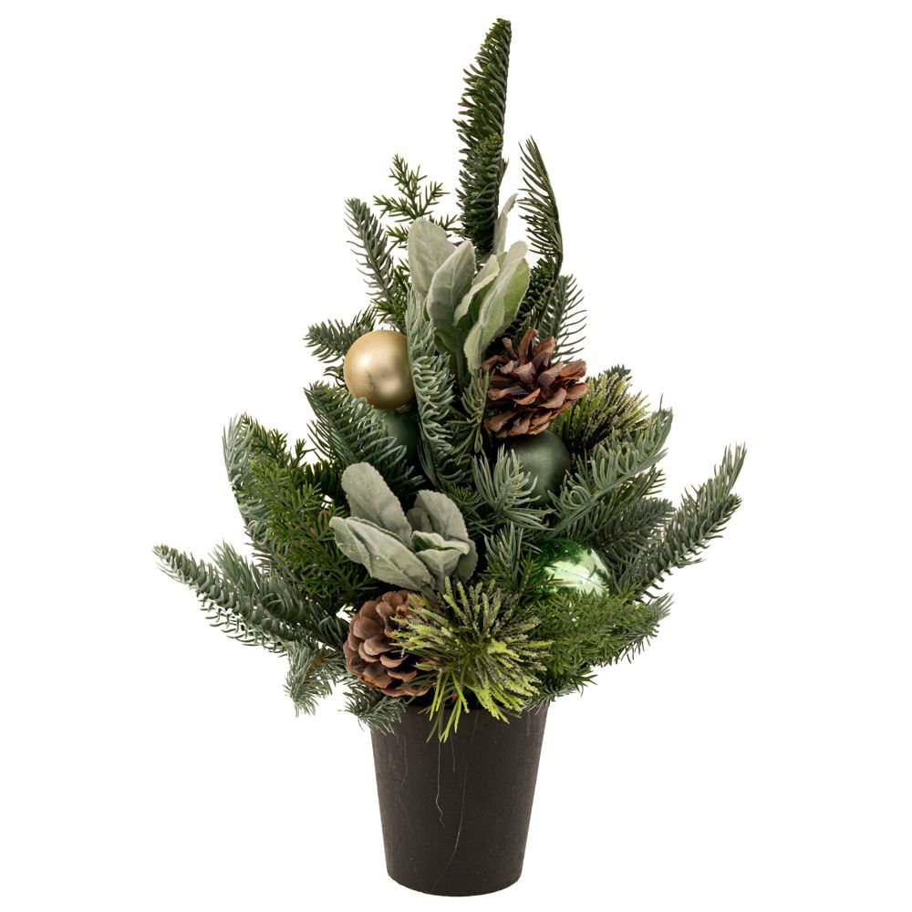  ЗЕЛЕНО ПЛАСТИКОВО ДЪРВО С БОРЕВИ ШИШКИ И УКРАСИТЕЛНИ ТОПЧЕТА В ПЛАСТИКОВ СЪД, 43 СМ