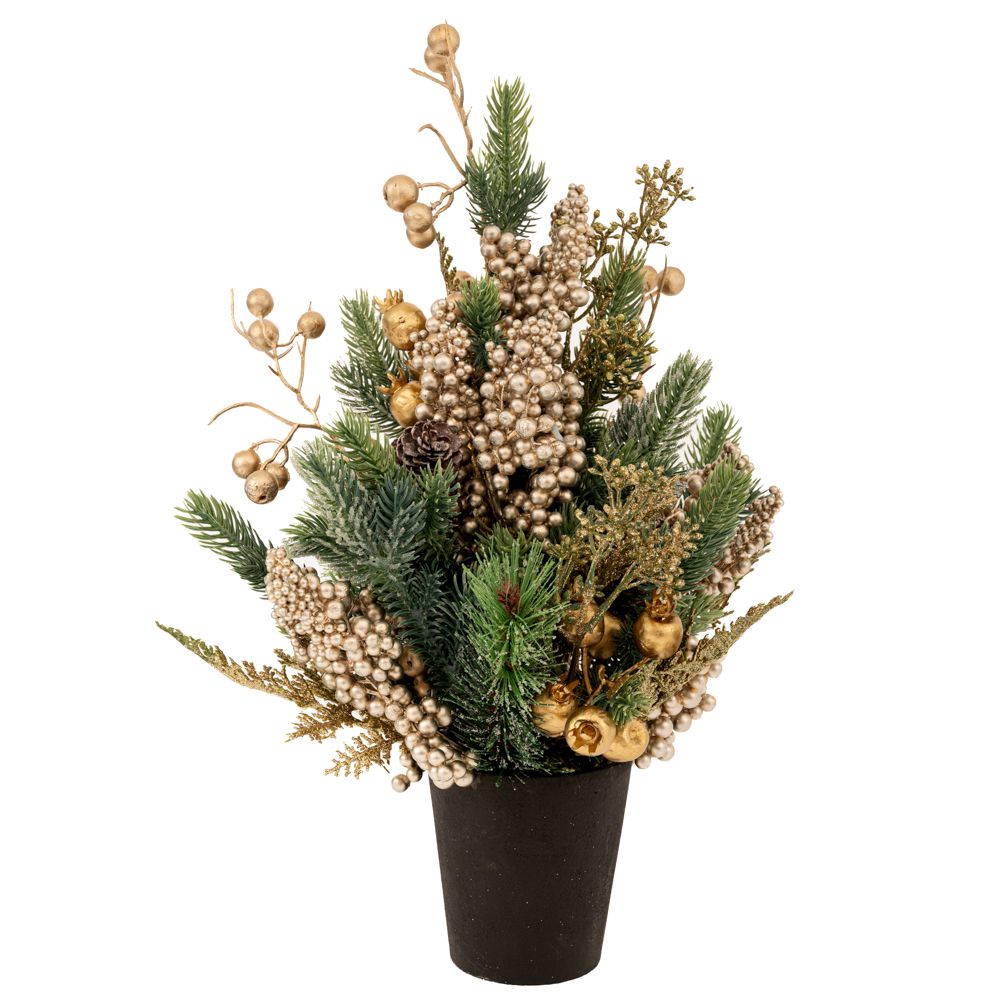  ЗЕЛЕНО ПЛАСТИКОВО ДЪРВО С ШАМПАНСКИ ЯГОДИ И БОРОВИ КОНИЧКИ В ПЛАСТИКОВ СЪД, 43 СМ