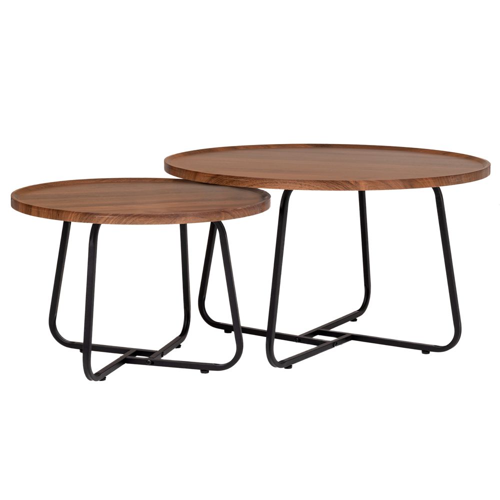  КОМПЛЕКТ ОТ 2 КРЪГЛИ МАСИ В КАФЯВО ОТ МДФ С ЧЕРНИ МЕТАЛНИ КРАКА, 60X39 СМ