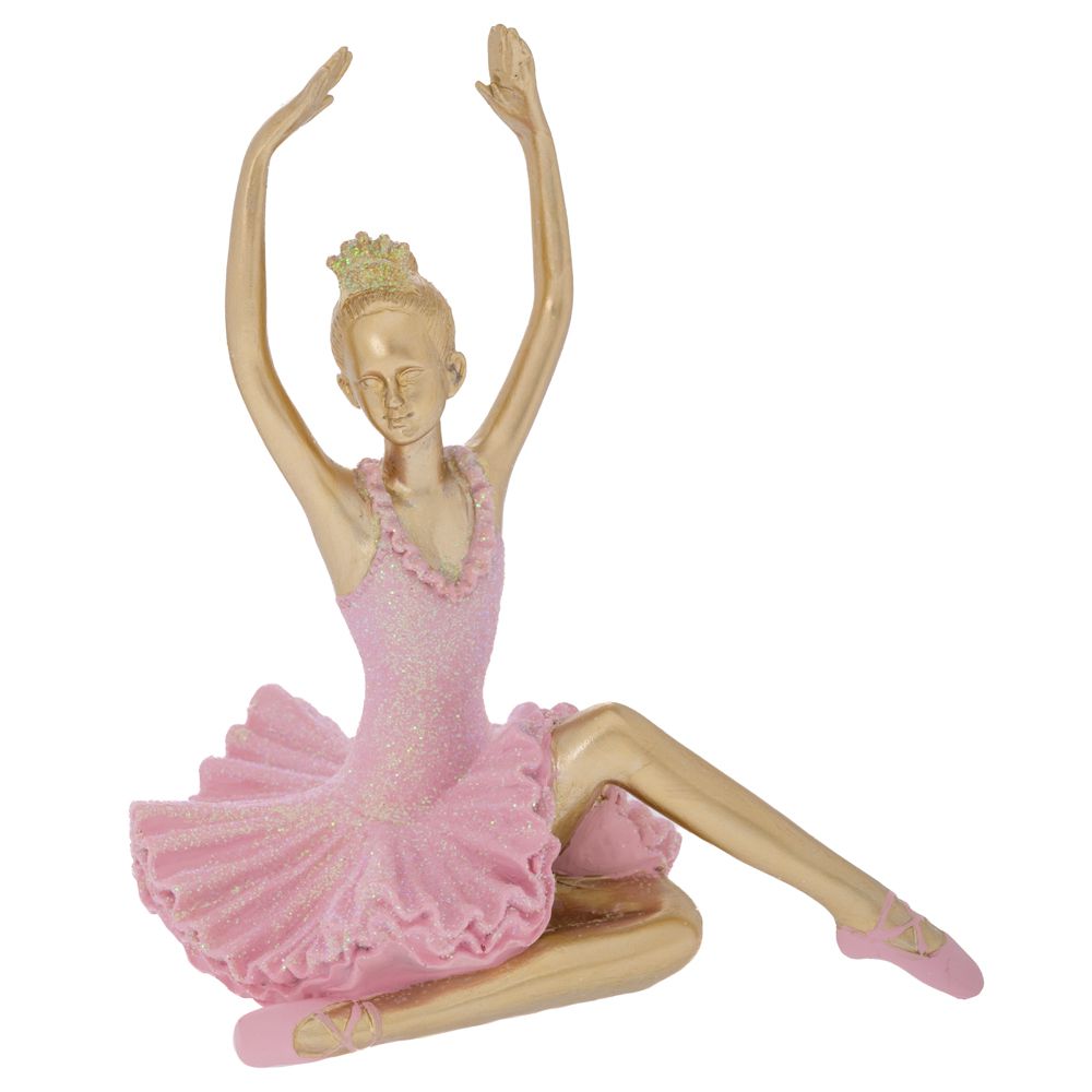  Златна балерина от полирезин с розова рокля, 16 x 10 x 17 см