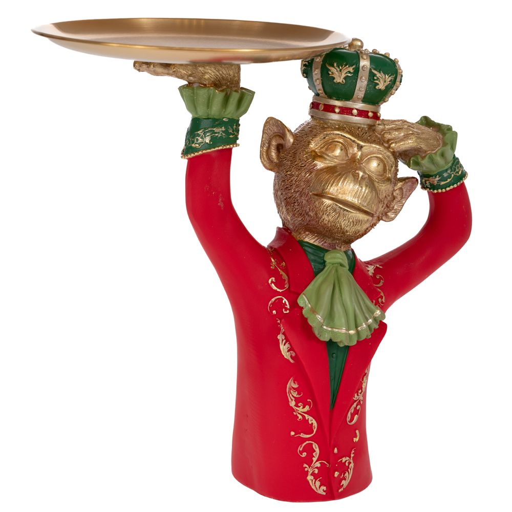  Златна маймуна от полирезин с червен костюм и диск в ръцете, 27x22x27 см, 20,5 см