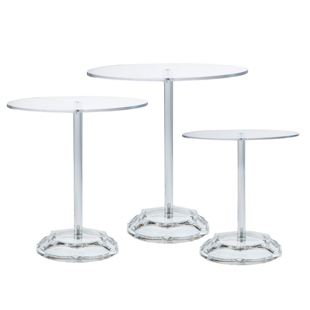  КОМПЛЕКТ ОТ 3 ПРОЗРАЧНИ АКРИЛНИ КРЪГЛИ ПОДСТАВКИ НА НОЖИЦИ: Д20×18,5, Д24×23,5, Д30×28,5 см