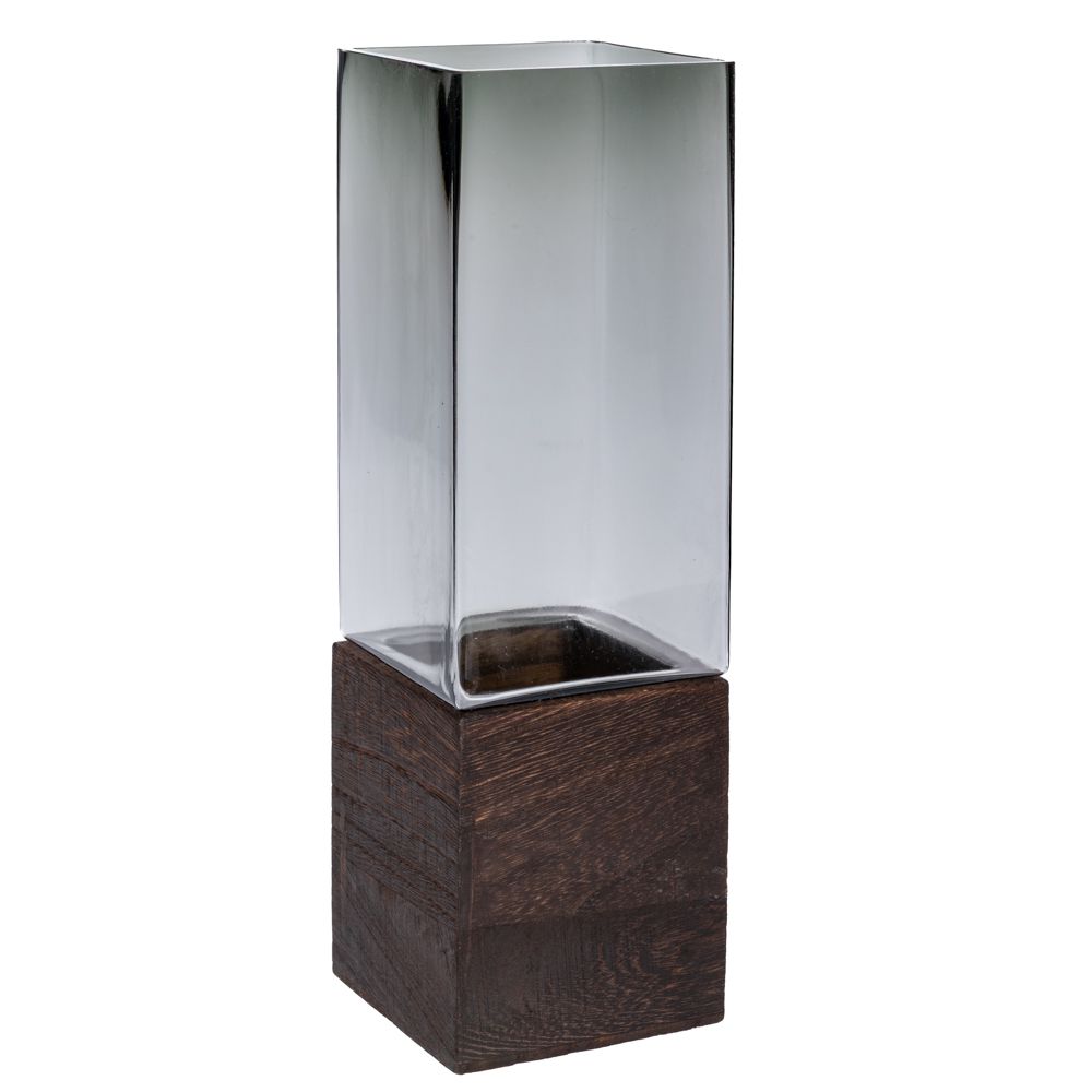  СИВА СТЪКЛЕНА ВАЗА НА ДЪРВЕНА ОСНОВА, диаметър 10 см, височина 30 см