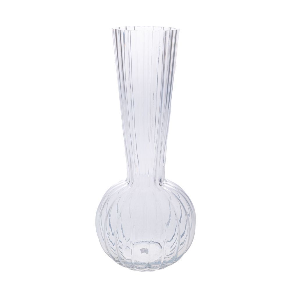  Прозрачна стъклена ваза с висока шийка, диаметър 12 см, височина 25 см