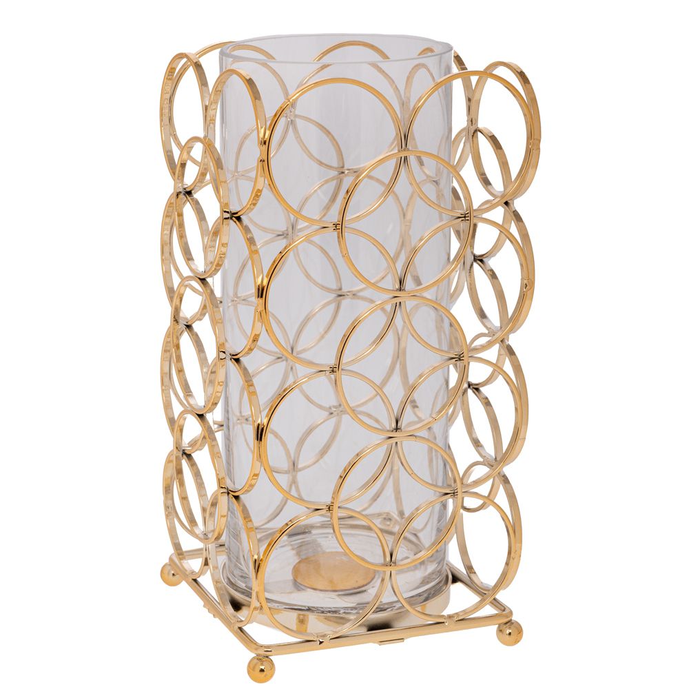  Златен метален свещник с обръчи и прозрачно стъкло, 13x13x25 см