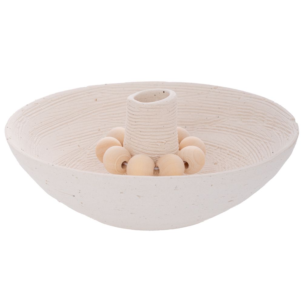  БЯЛ КЕРАМИЧЕН СВЕЩНИК С ДЪРВЕНИ МЪНИСТА 15,5X15,5X6 см