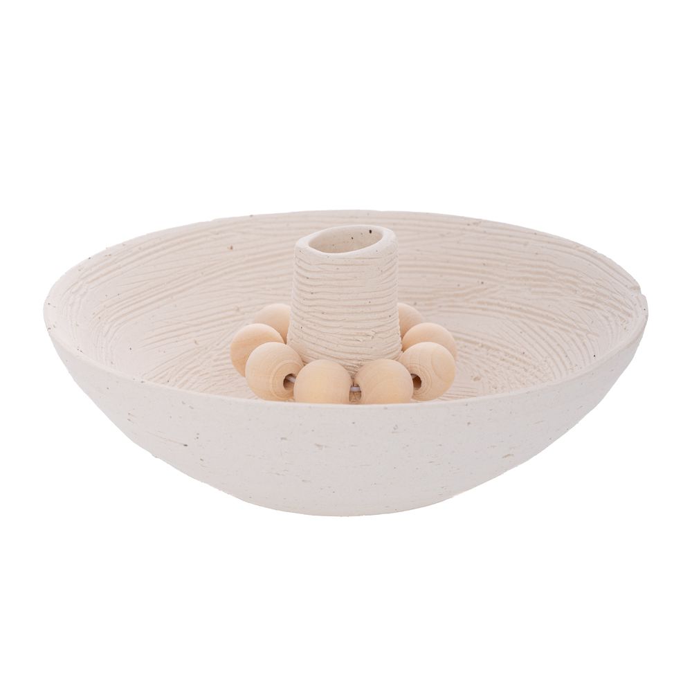  БЯЛ КЕРАМИЧЕН СВЕЩНИК С ДЪРВЕНИ МЪНИСТА 14X14X5,5 см