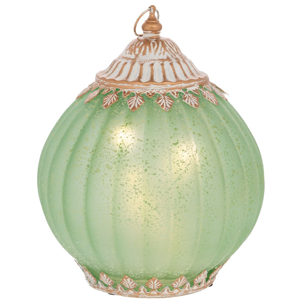  Кръгла стъклена лампа с LED осветление и метален капак в зелен цвят, 15x15x19 см