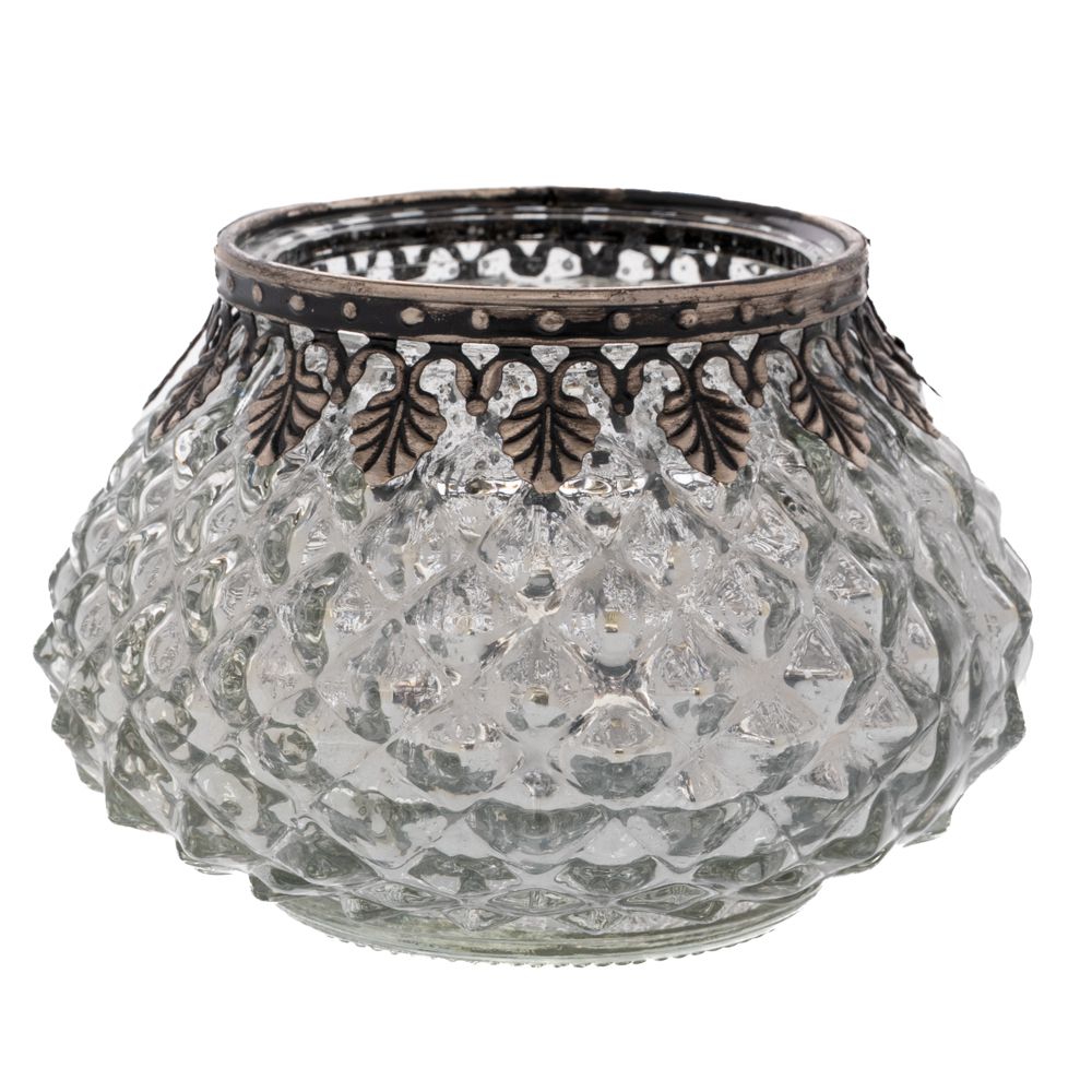  Стъклен свещник за чаени свещи в ретро стил, в сребрист цвят, 11,5 x 11,5 x 8 см